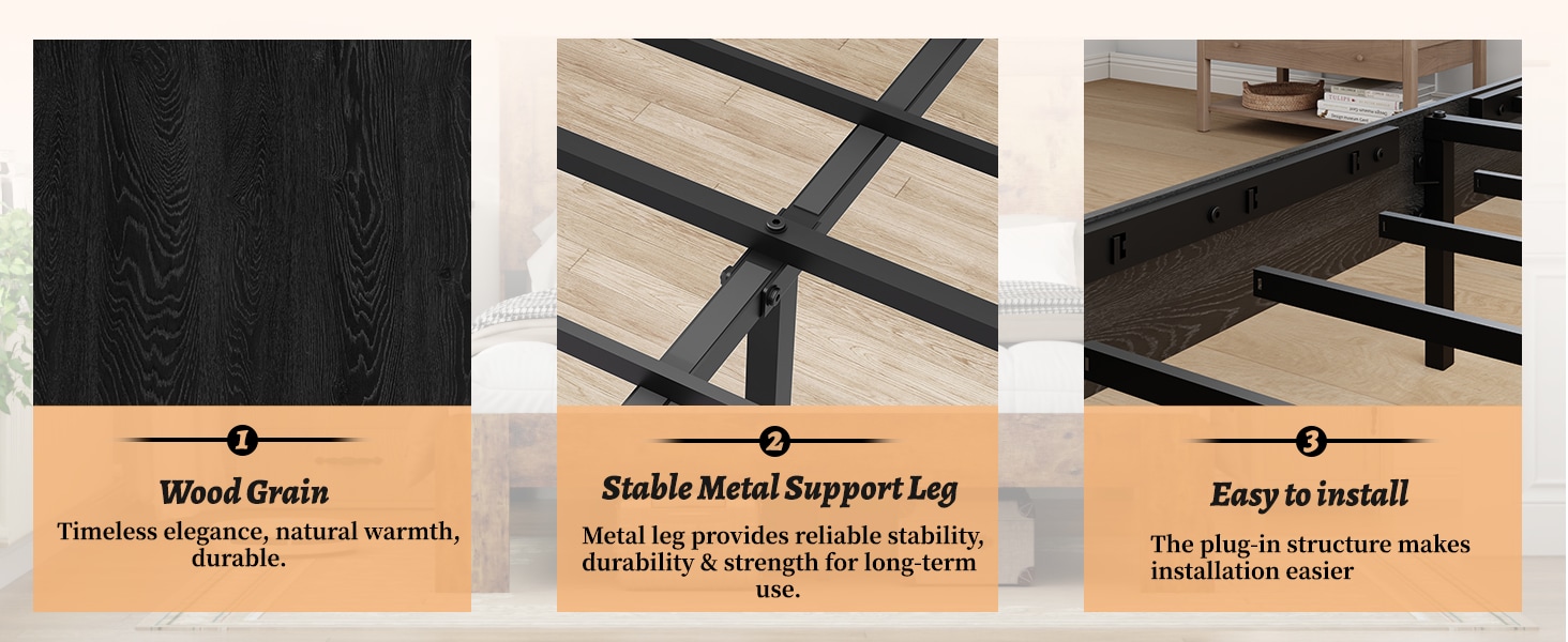 Queen Bed Frame Headboard , Wood Platform Bed Frame , Noise Free,No Box Spring Needed And Easy Assembly Tool,Large Under Bed Storage, Black_voghion.com